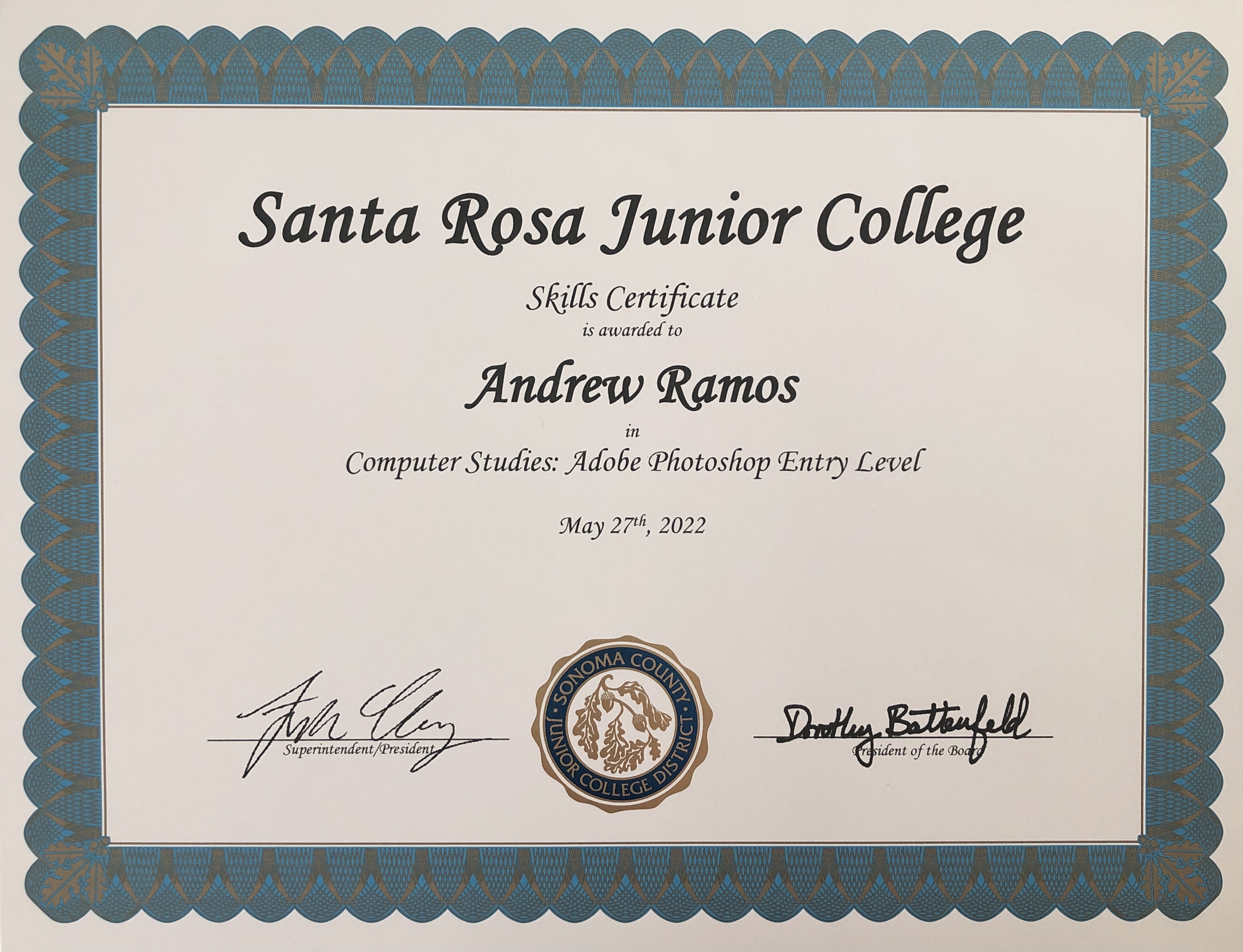 Photoshop Skills Certificate earned by Andrew Ramos