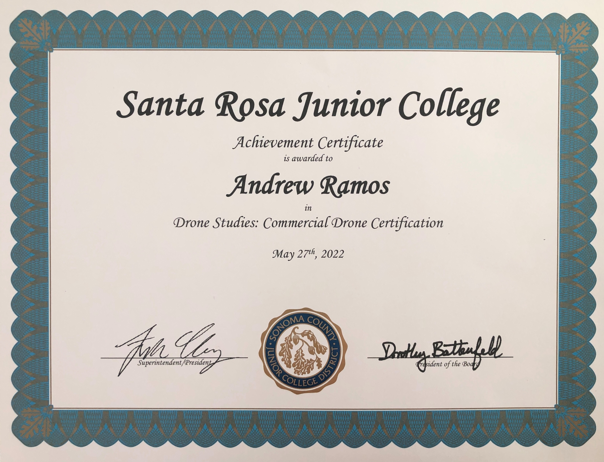 Santa Rosa Junior College Achievement Certificate for Drone Studies
